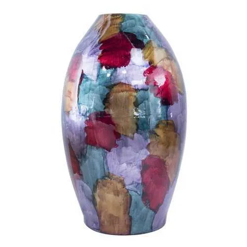 15" X 15" X 26" Green  Red  Silver  Copper Ceramic Foiled and Lacquered Tapered Cylinder Floor Vase