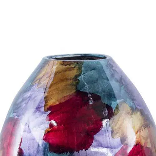 15" X 15" X 26" Green  Red  Silver  Copper Ceramic Foiled and Lacquered Tapered Cylinder Floor Vase