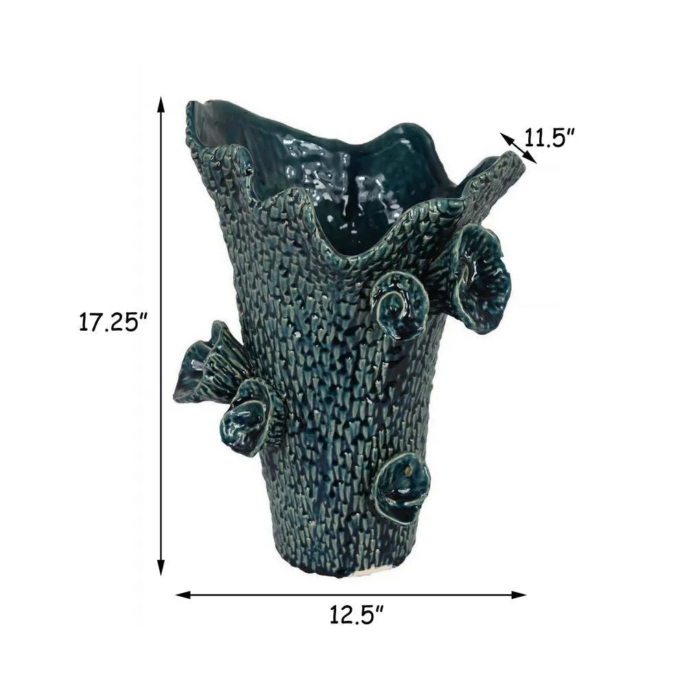 17 Inch Vase with Barnacle Design And Floral Details, Blue Ceramic Finish By Casagear Home