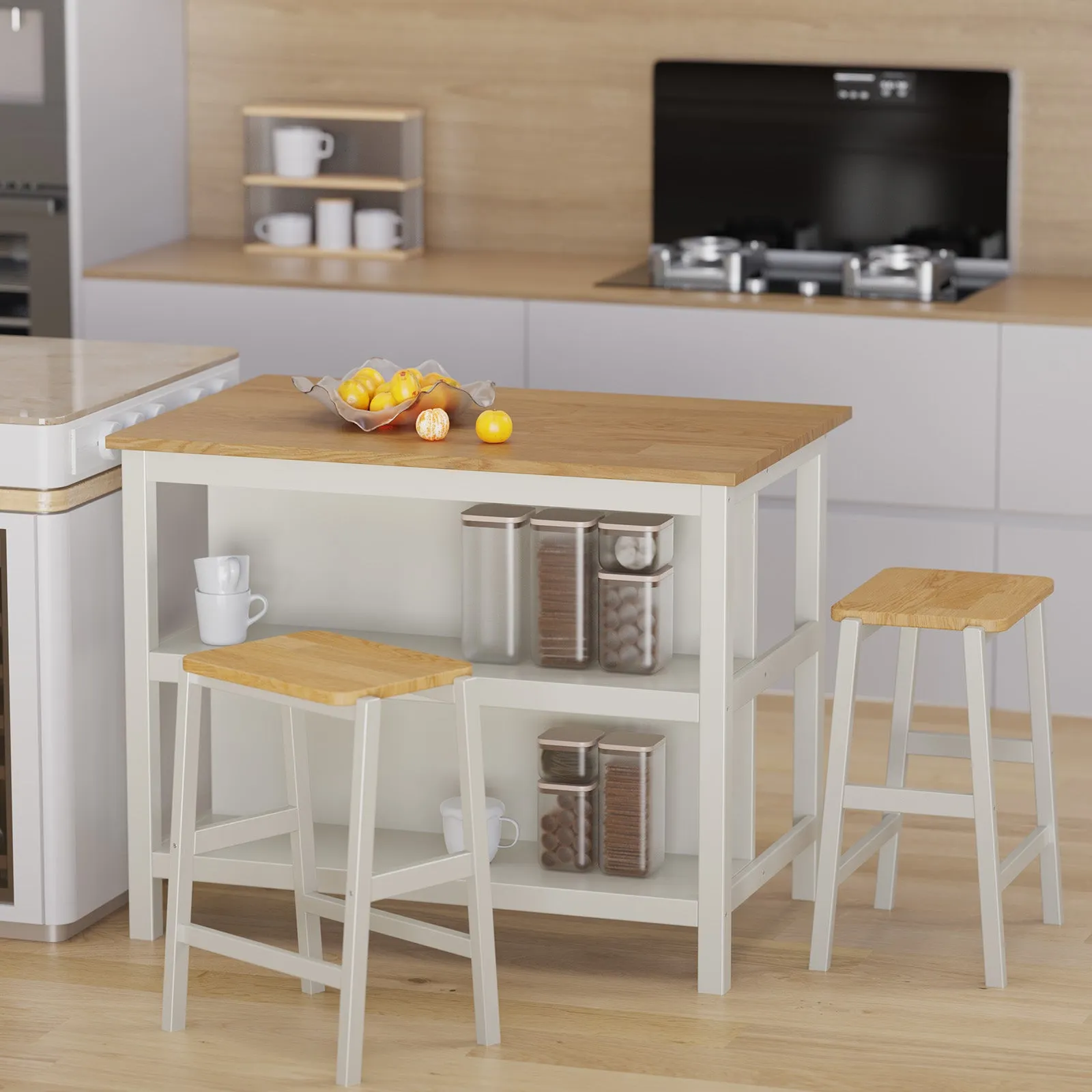 3-Piece Dining Set: White Wood Table   2 Stools w/ Shelves | Compact & Stylish