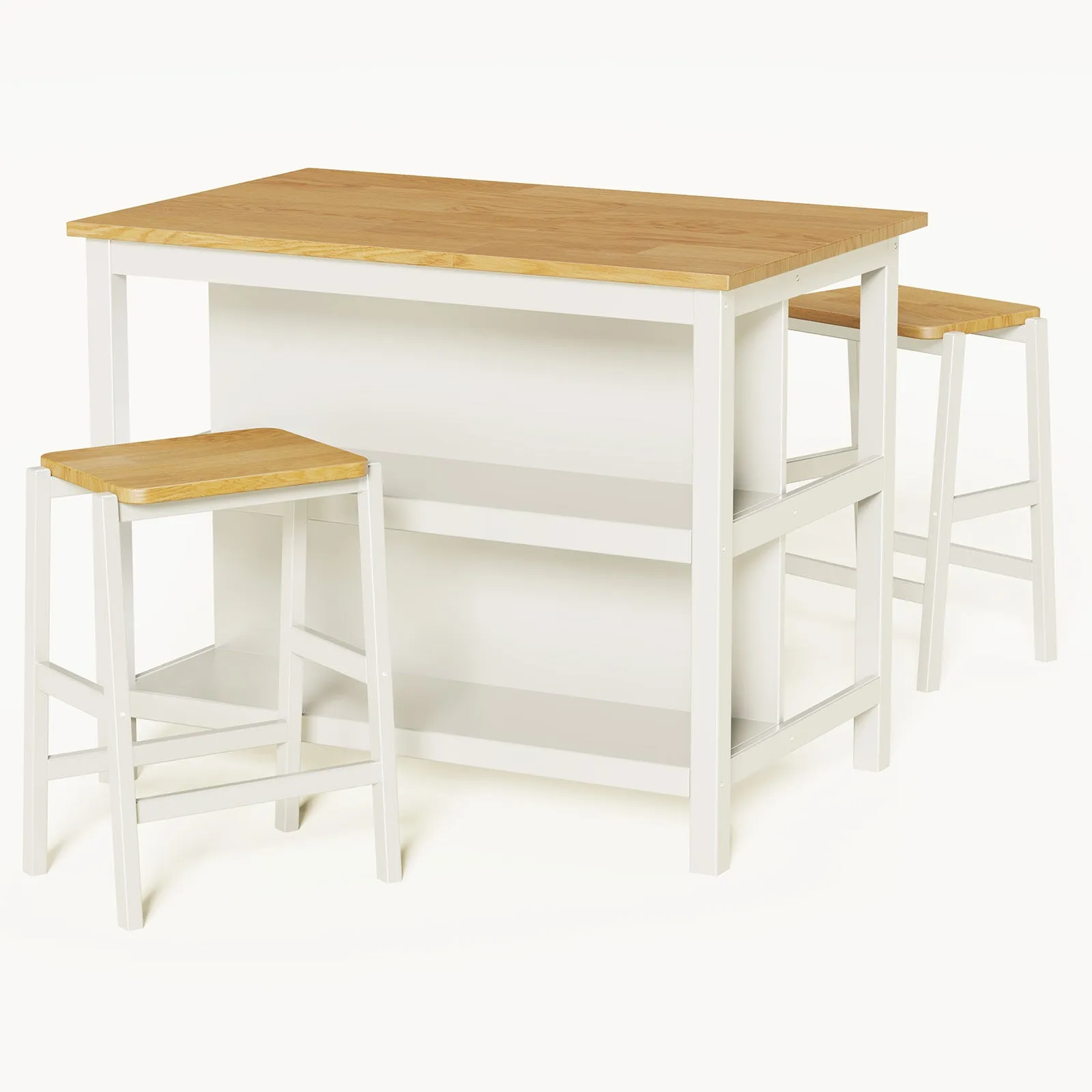 3-Piece Dining Set: White Wood Table   2 Stools w/ Shelves | Compact & Stylish