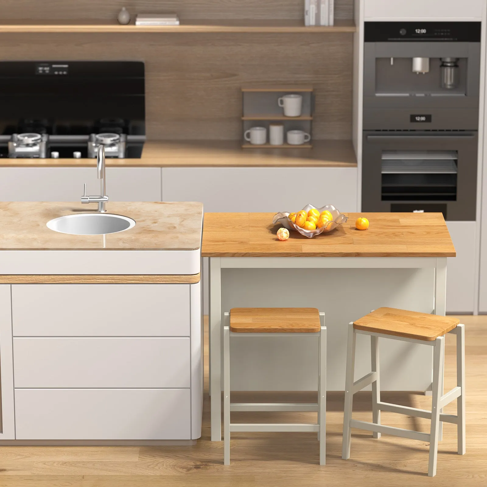 3-Piece Dining Set: White Wood Table   2 Stools w/ Shelves | Compact & Stylish