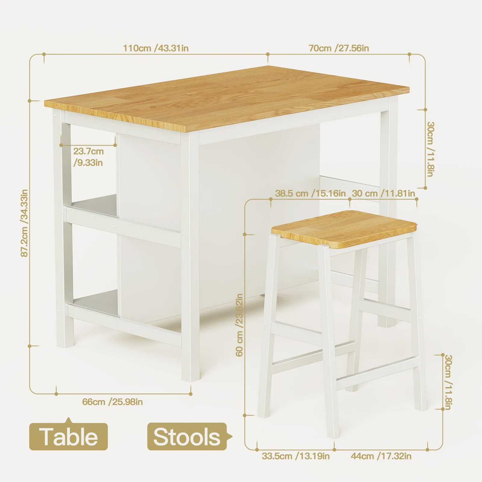 3-Piece Dining Set: White Wood Table   2 Stools w/ Shelves | Compact & Stylish