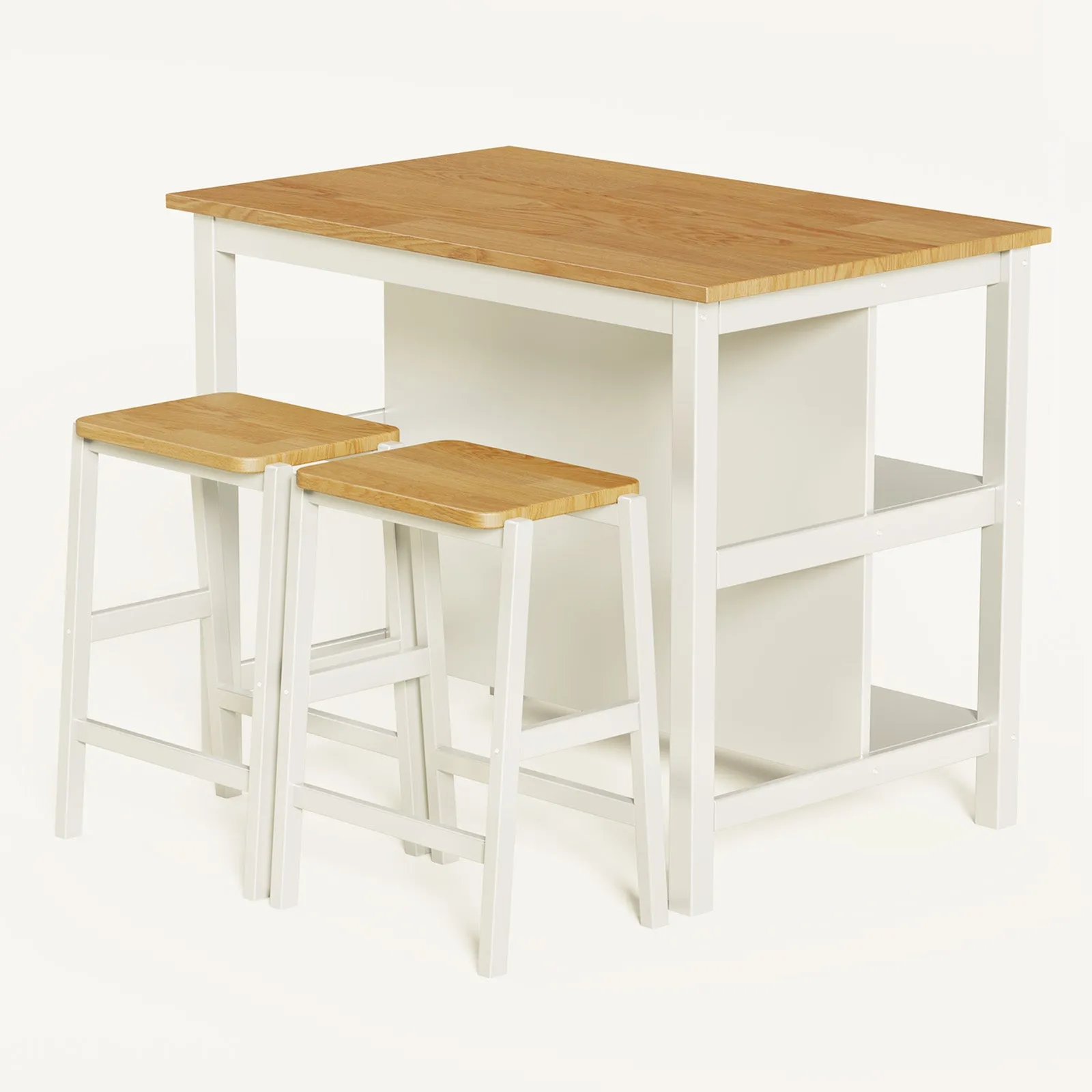 3-Piece Dining Set: White Wood Table   2 Stools w/ Shelves | Compact & Stylish