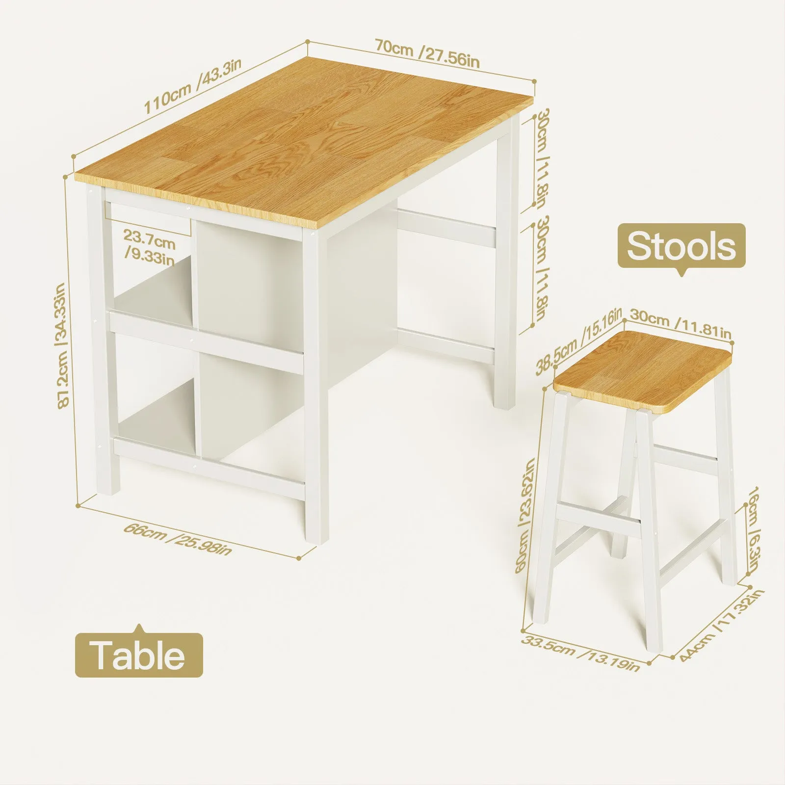 3-Piece Dining Set: White Wood Table   2 Stools w/ Shelves | Compact & Stylish