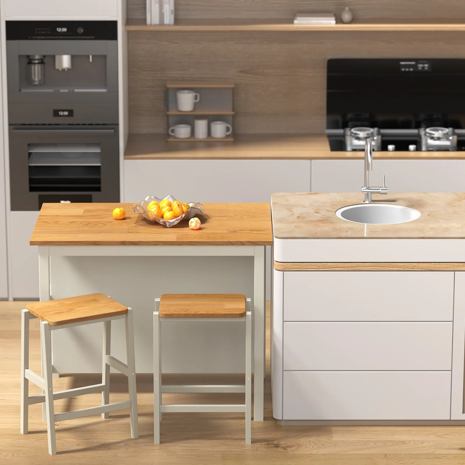 3-Piece Dining Set: White Wood Table   2 Stools w/ Shelves | Compact & Stylish