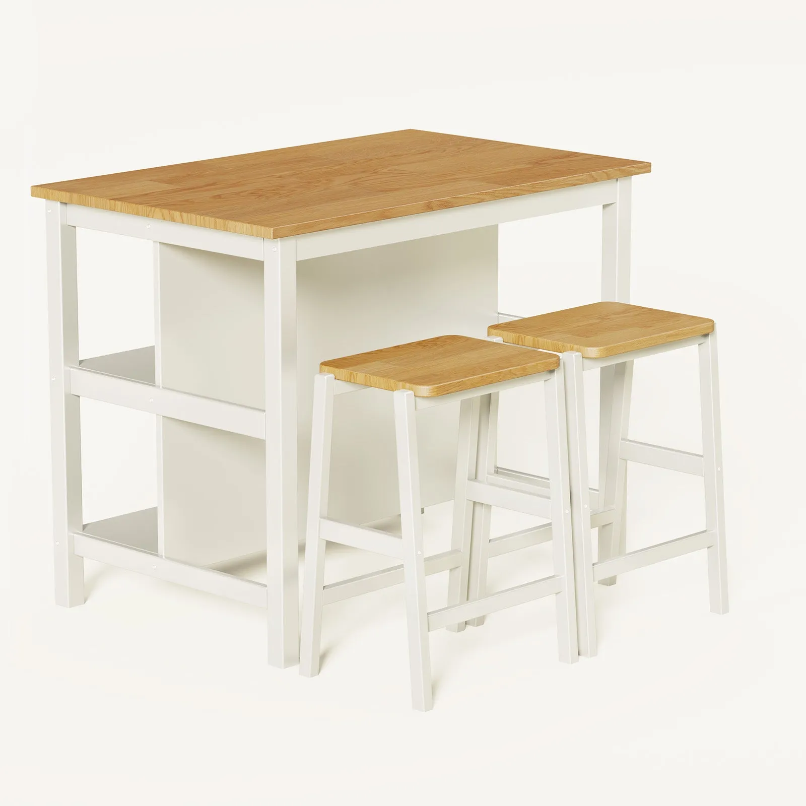 3-Piece Dining Set: White Wood Table   2 Stools w/ Shelves | Compact & Stylish