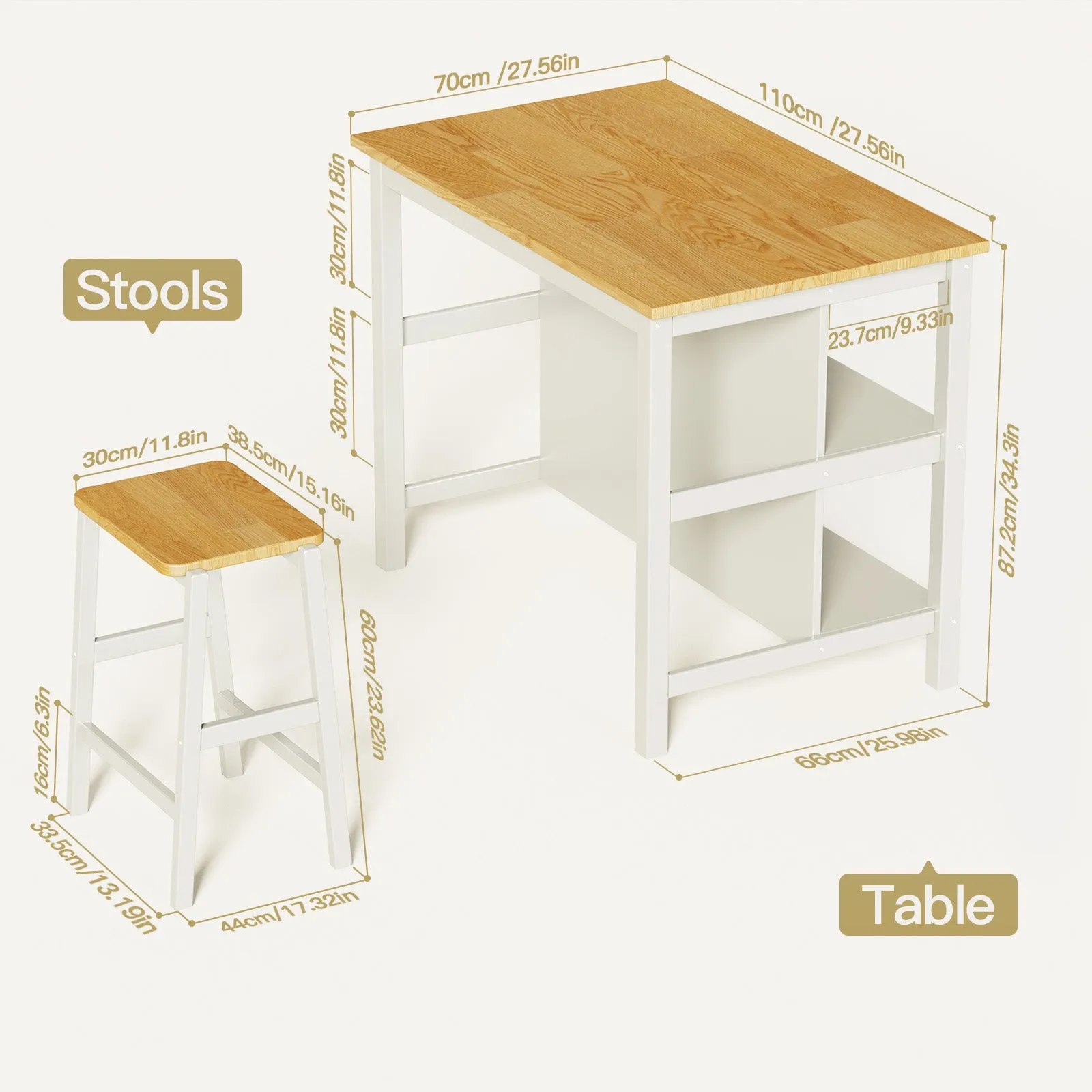 3-Piece Dining Set: White Wood Table   2 Stools w/ Shelves | Compact & Stylish