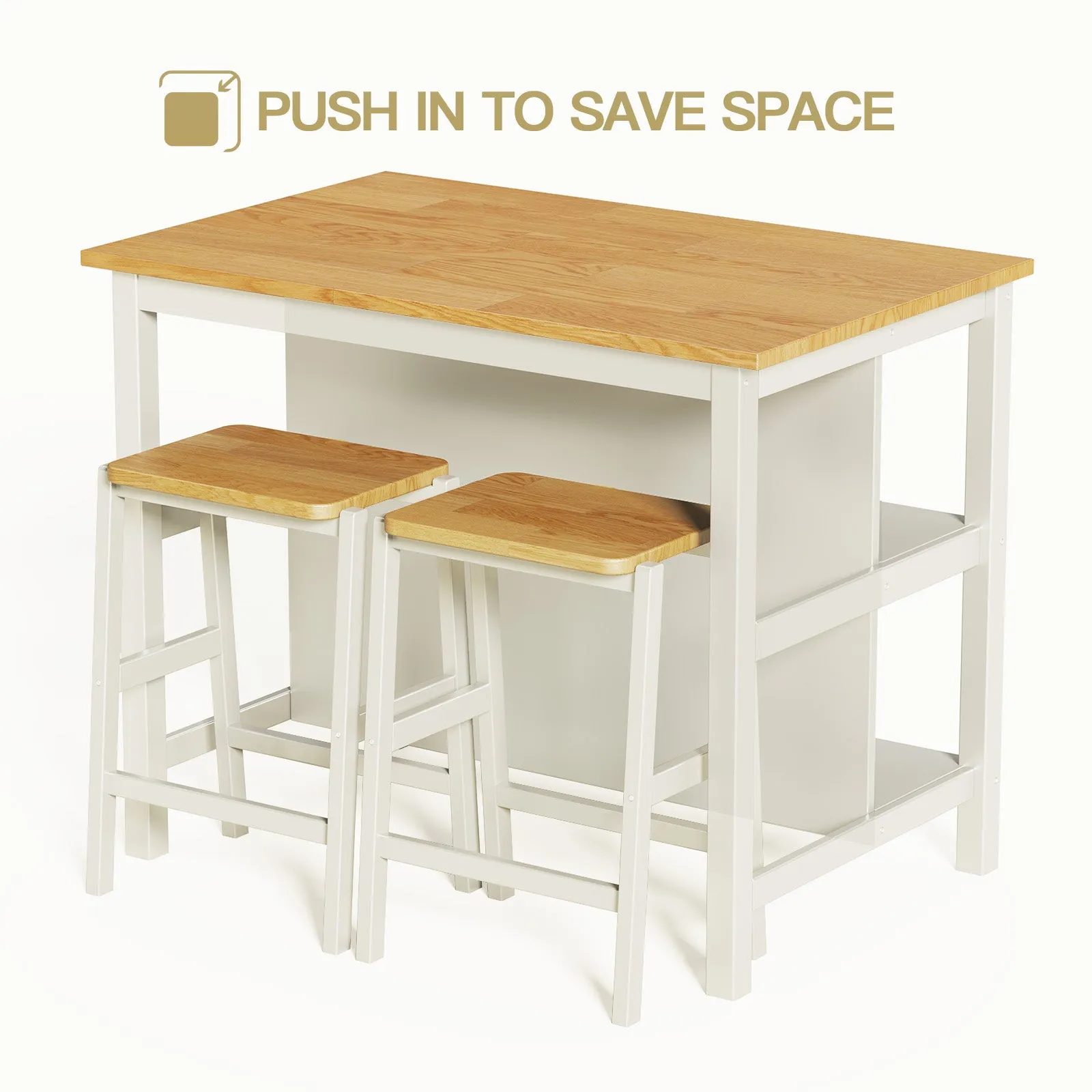 3-Piece Dining Set: White Wood Table   2 Stools w/ Shelves | Compact & Stylish