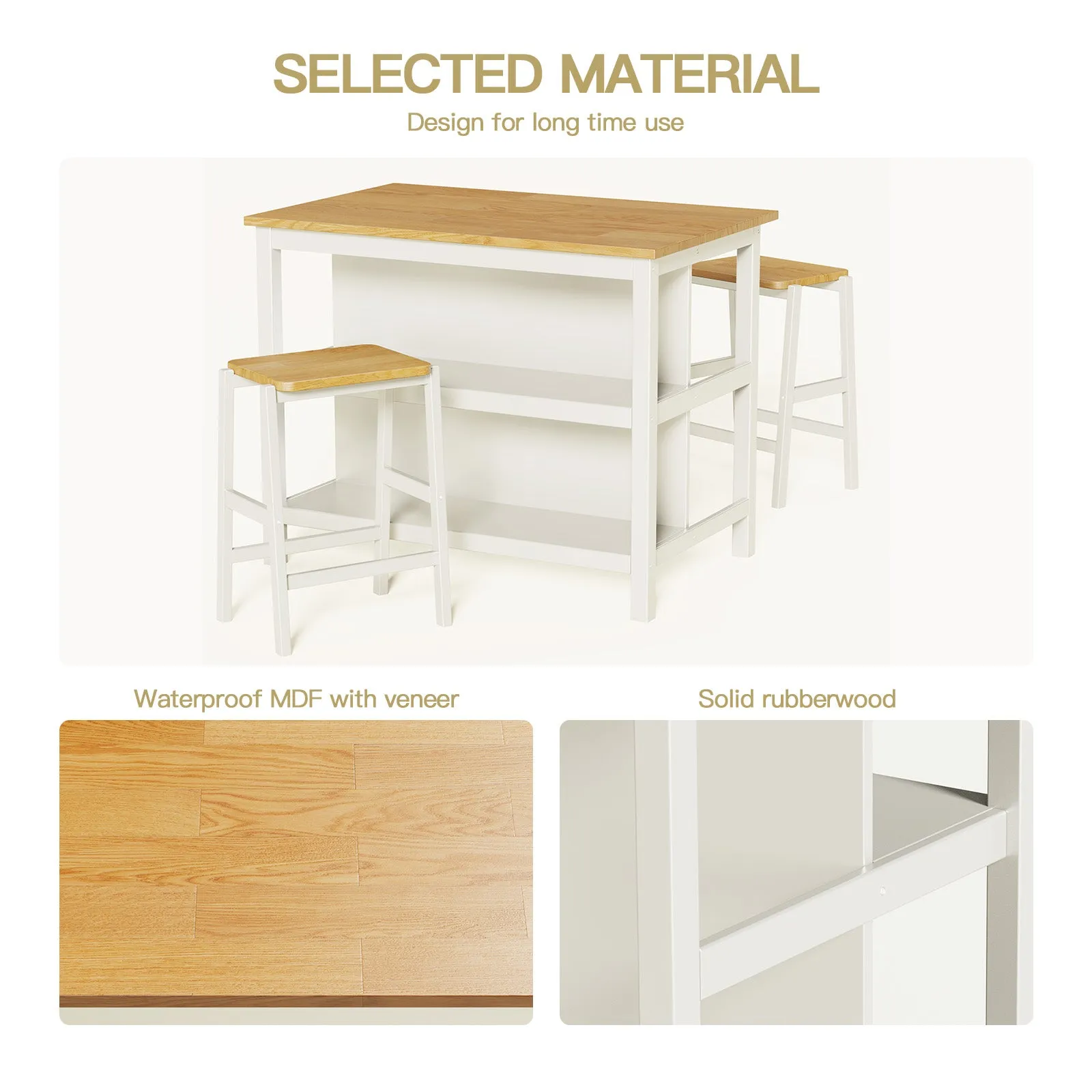 3-Piece Dining Set: White Wood Table   2 Stools w/ Shelves | Compact & Stylish