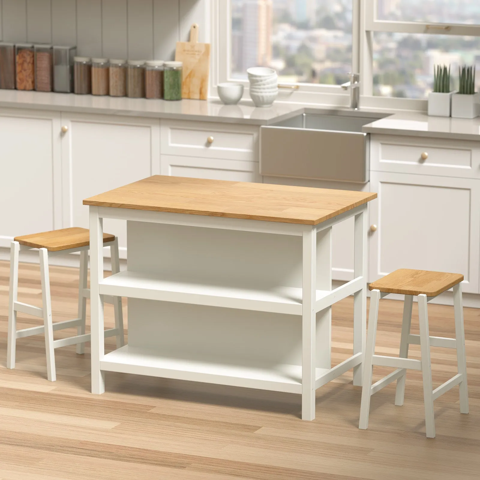 3-Piece Dining Set: White Wood Table   2 Stools w/ Shelves | Compact & Stylish