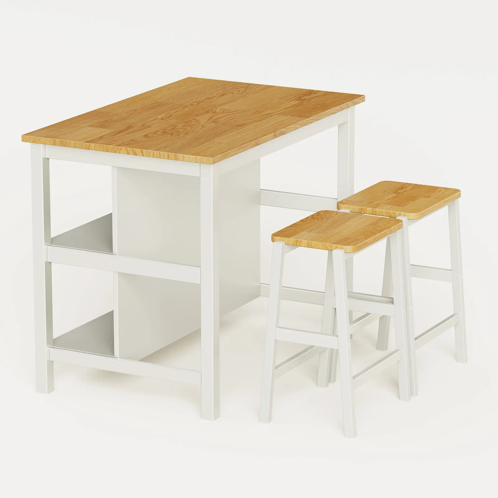 3-Piece Dining Set: White Wood Table   2 Stools w/ Shelves | Compact & Stylish