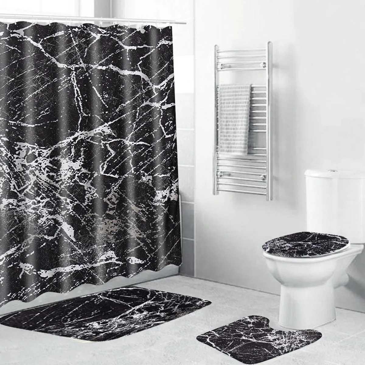 4 Pcs Marble Pattern Home Bathroom Bath Mat Set Rugs Toilet Lid Cover Shower Curtain Waterproof