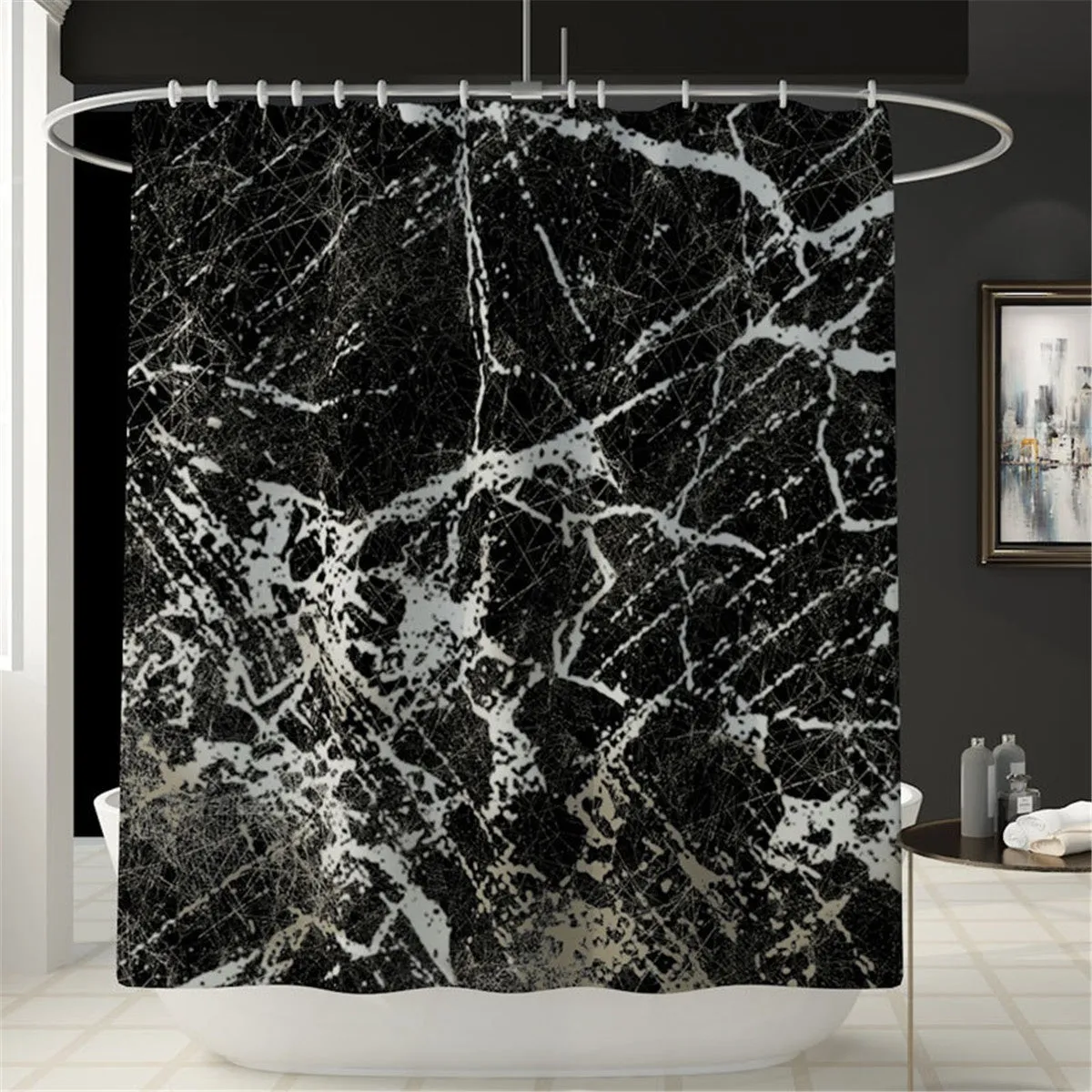 4 Pcs Marble Pattern Home Bathroom Bath Mat Set Rugs Toilet Lid Cover Shower Curtain Waterproof