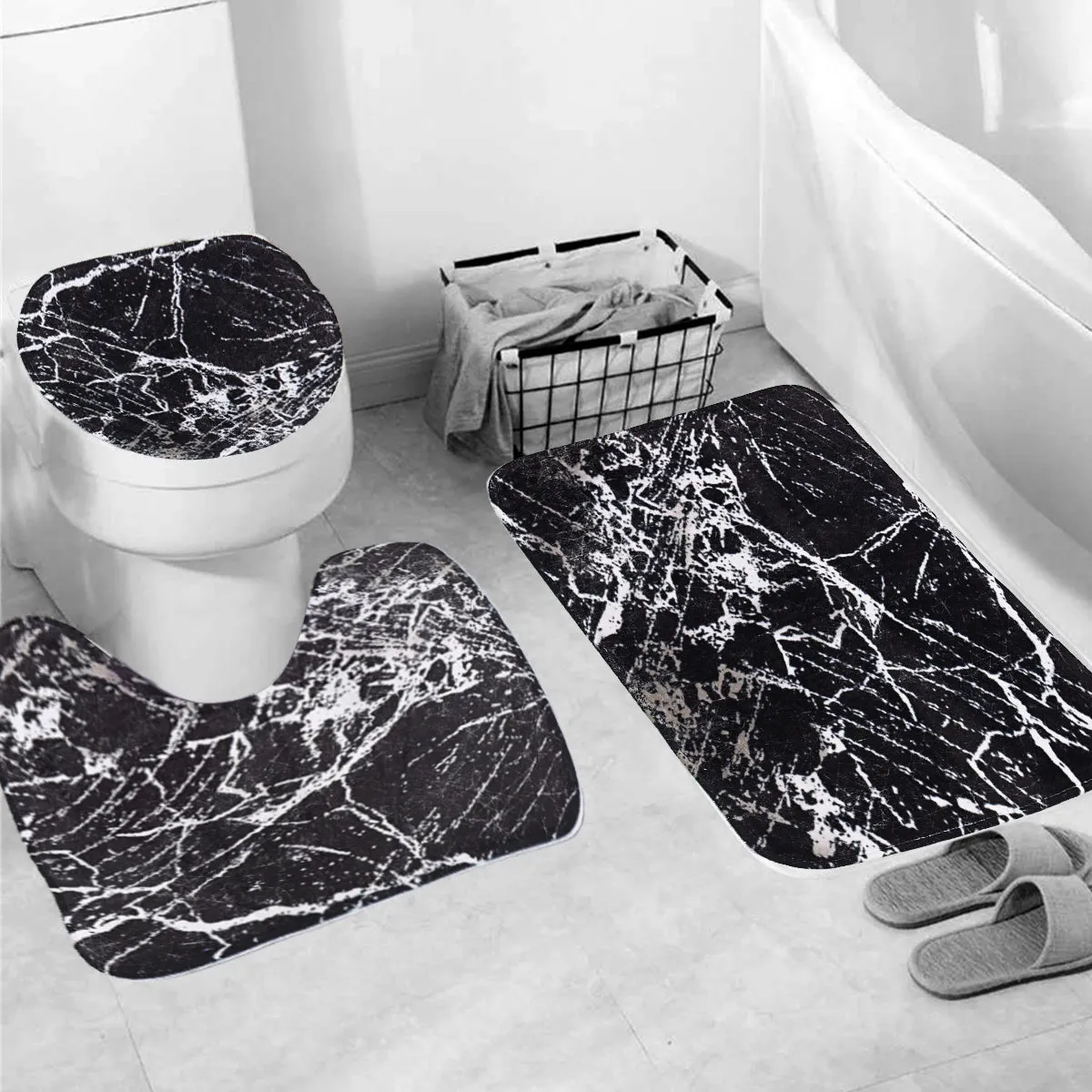 4 Pcs Marble Pattern Home Bathroom Bath Mat Set Rugs Toilet Lid Cover Shower Curtain Waterproof
