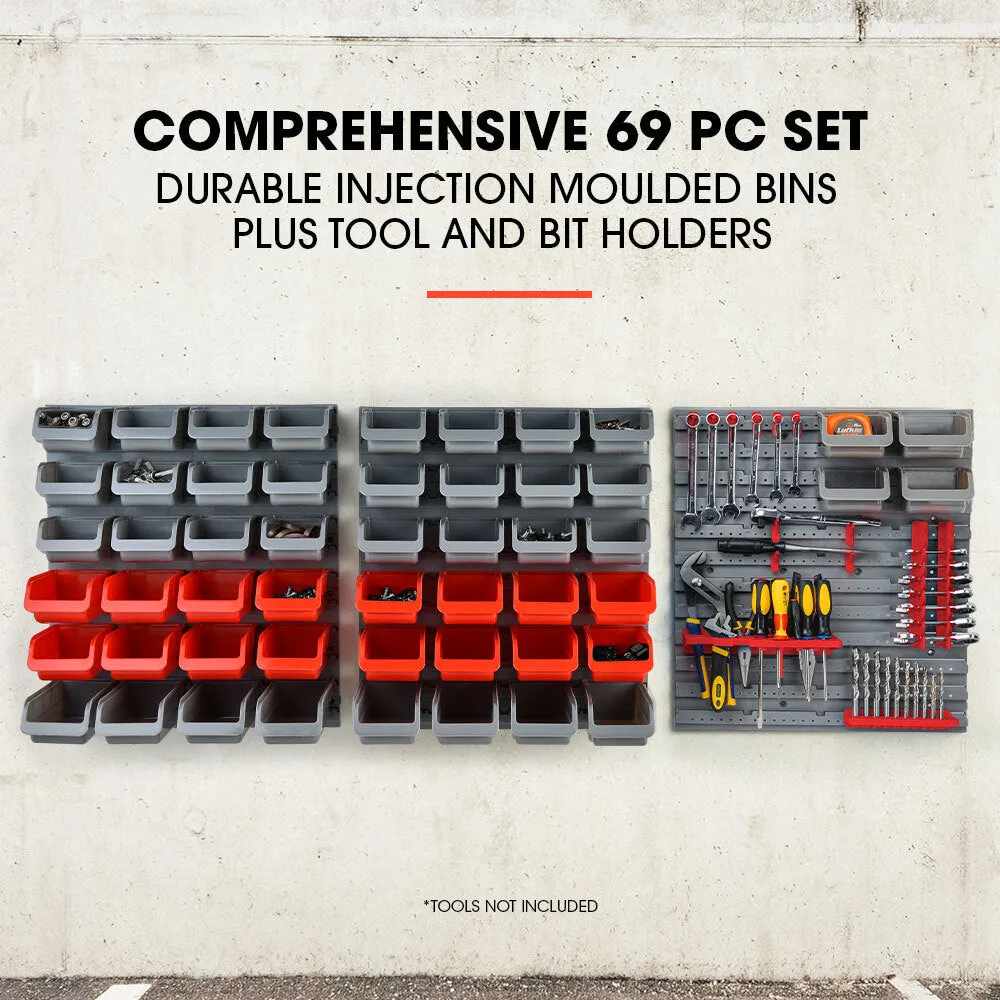 69pc Wall Mounted Parts Bin Rack, Tool Holders, Modular - Baumr-AG