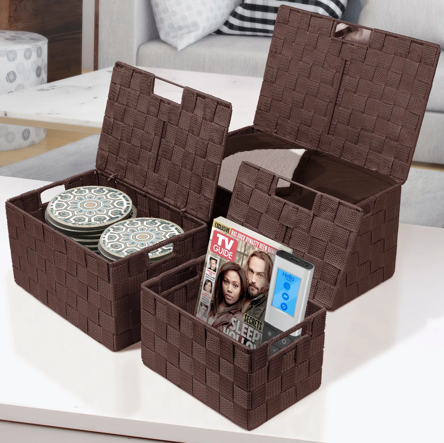 Basket Bin Double Woven with Lid (3 Pack)