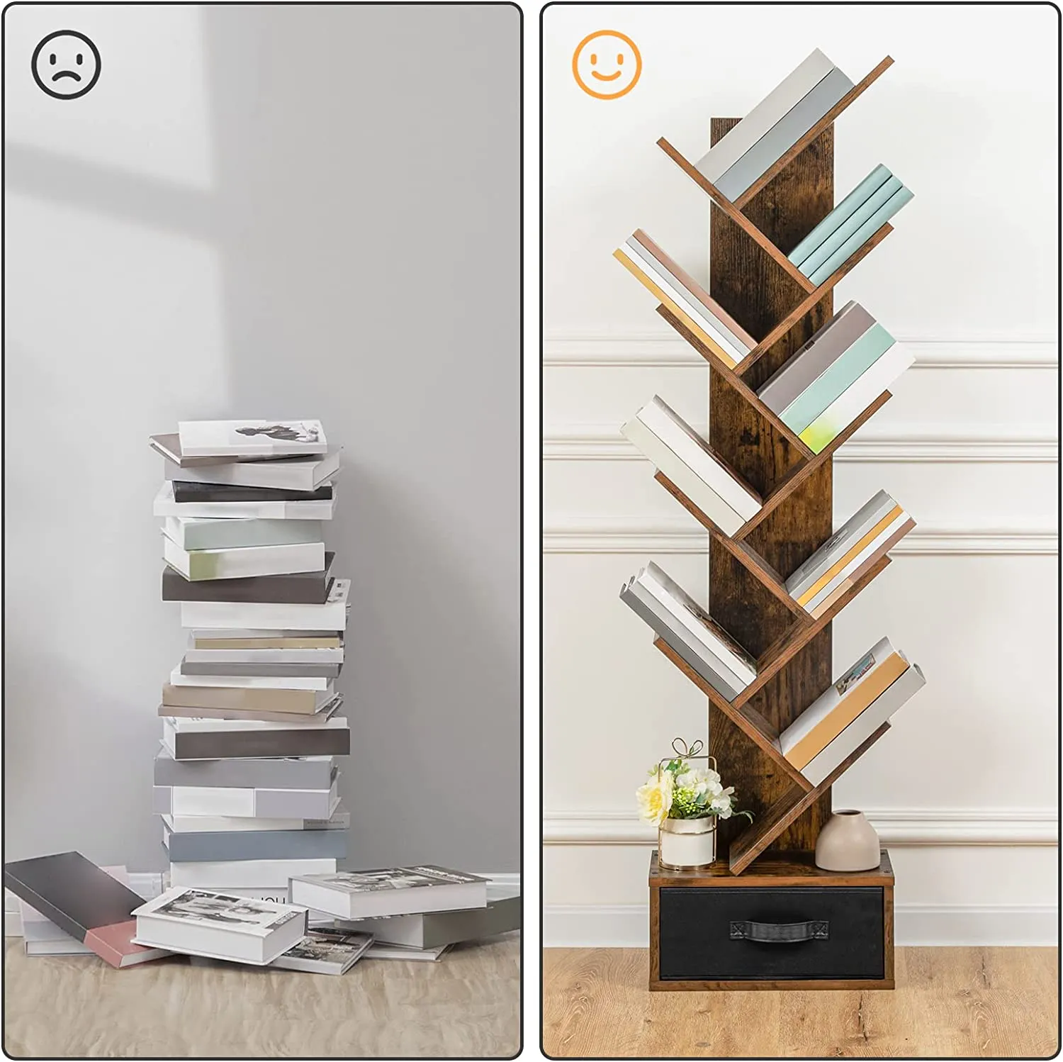 Bookshelf, 9-Tier Tree Bookcase, Wooden Free Standing Bookshelf