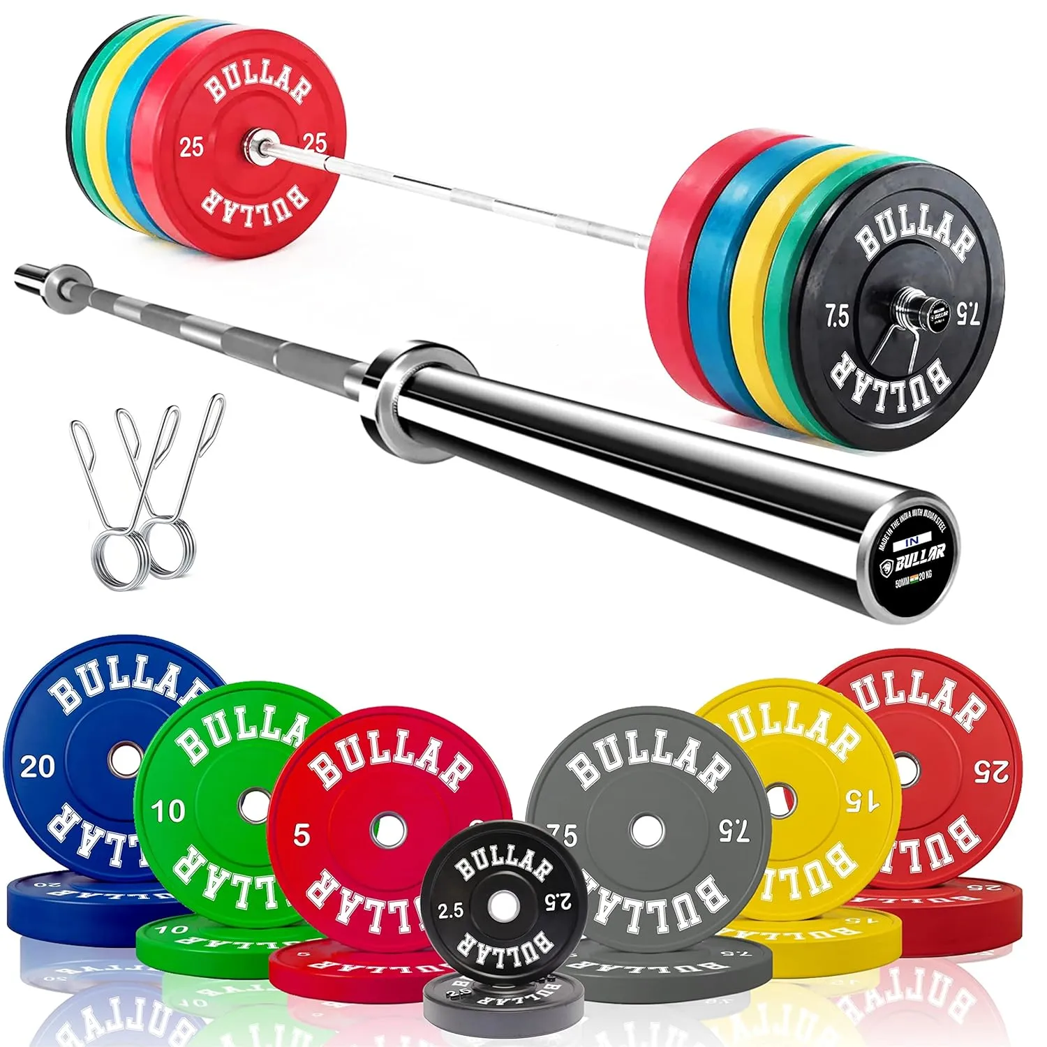 Bumper plates with olympic barbell (90 KG SET(15x4 10x2 5x2))