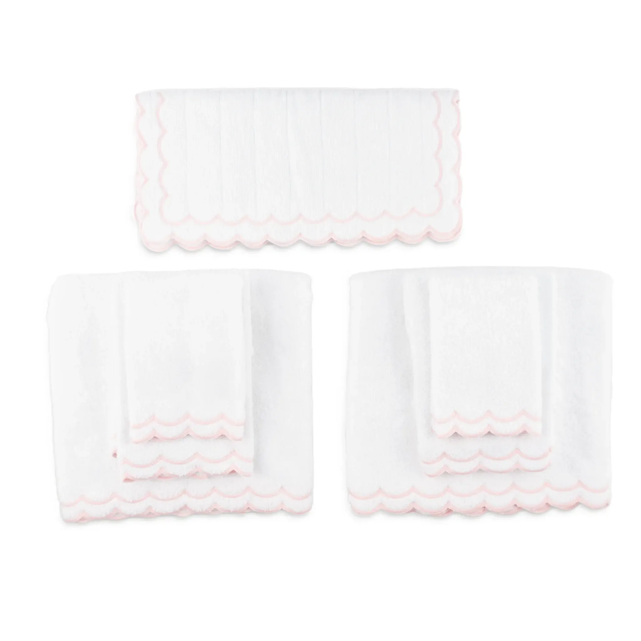 Complete Bundle of White Scalloped Edge Embroidered Cotton Bath Mat & Towels- Available With Pink, Blue Or Green Trim
