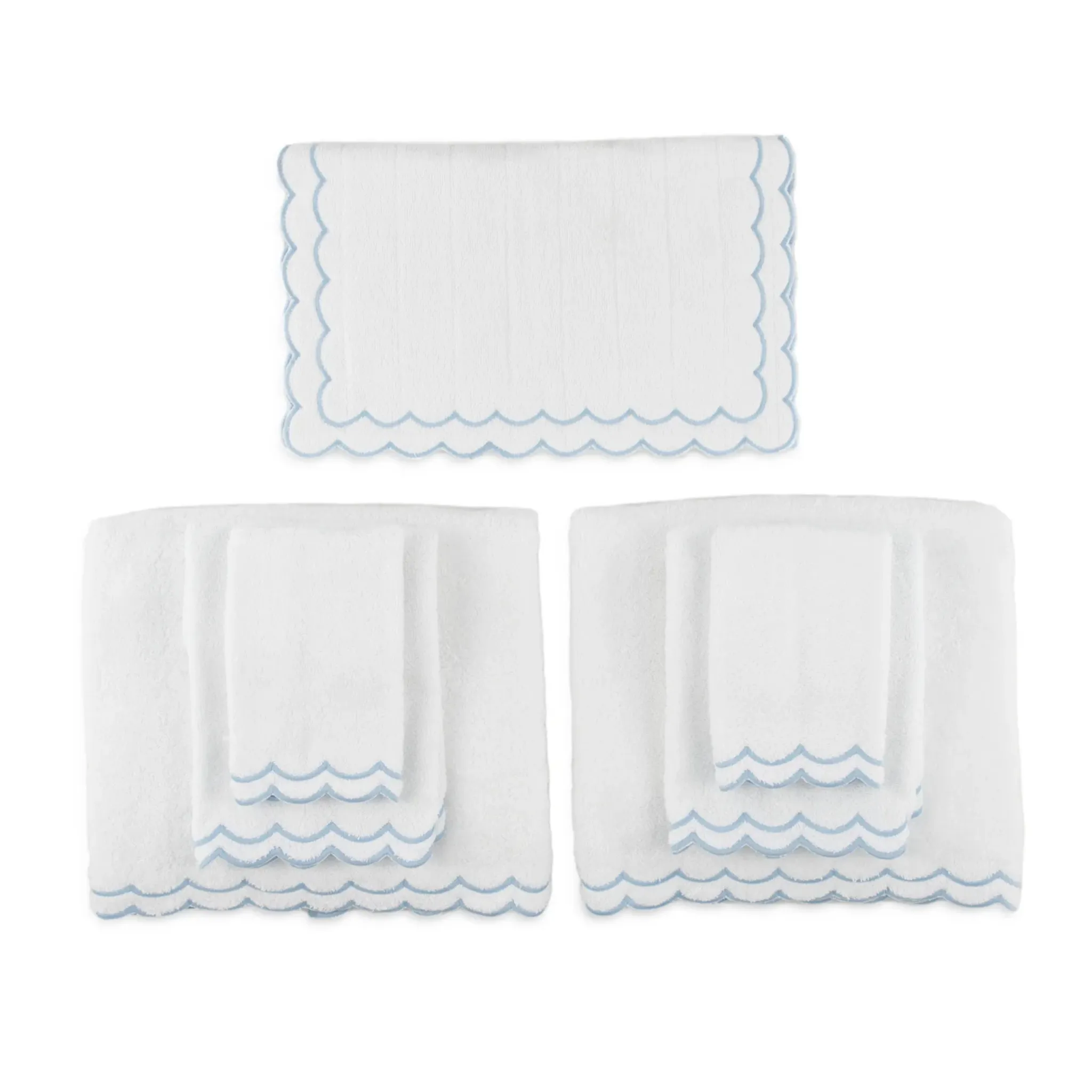 Complete Bundle of White Scalloped Edge Embroidered Cotton Bath Mat & Towels- Available With Pink, Blue Or Green Trim