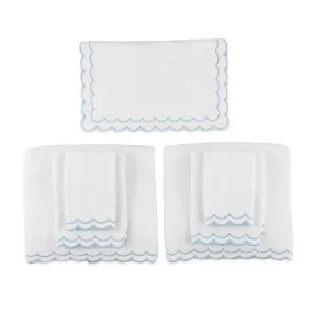 Complete Bundle of White Scalloped Edge Embroidered Cotton Bath Mat & Towels- Available With Pink, Blue Or Green Trim