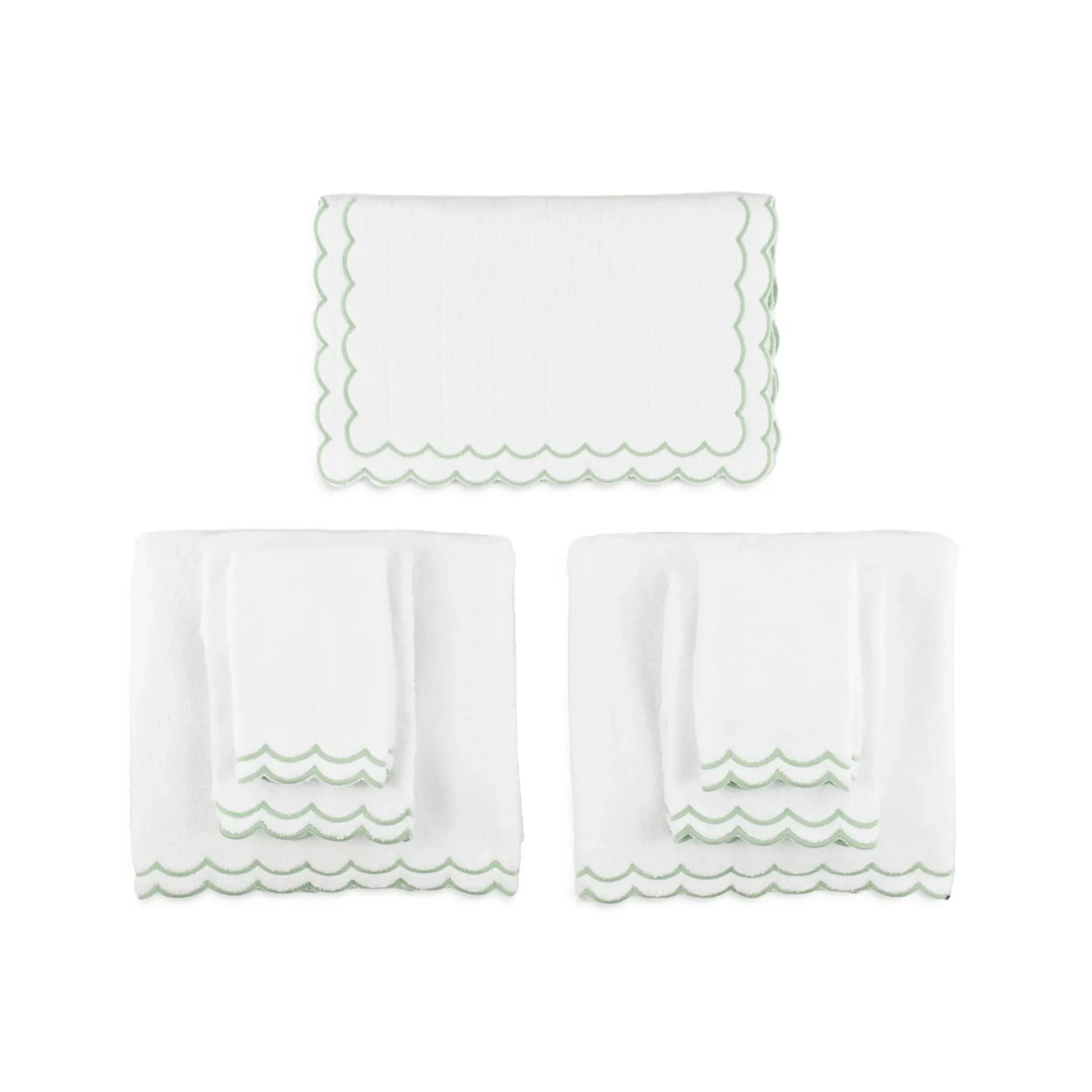 Complete Bundle of White Scalloped Edge Embroidered Cotton Bath Mat & Towels- Available With Pink, Blue Or Green Trim