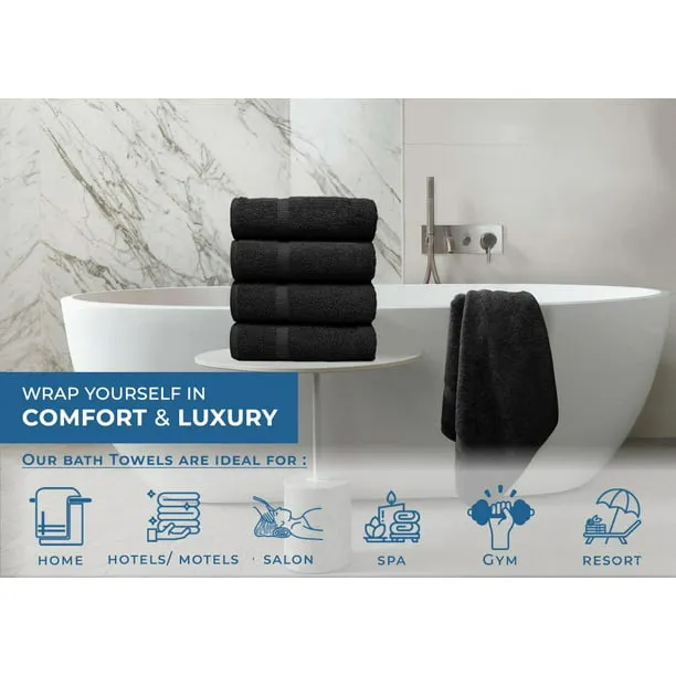 DAN RIVER 100% Cotton Bath Towel Set Pack of 4| Soft Large Bath Towel| Highly Absorbent| Daily Usage Bath Towel| Ideal for Pool Home Gym Spa Hotel| Black Towel Set| Bath Towel Set 27x54 in| 600 GSM