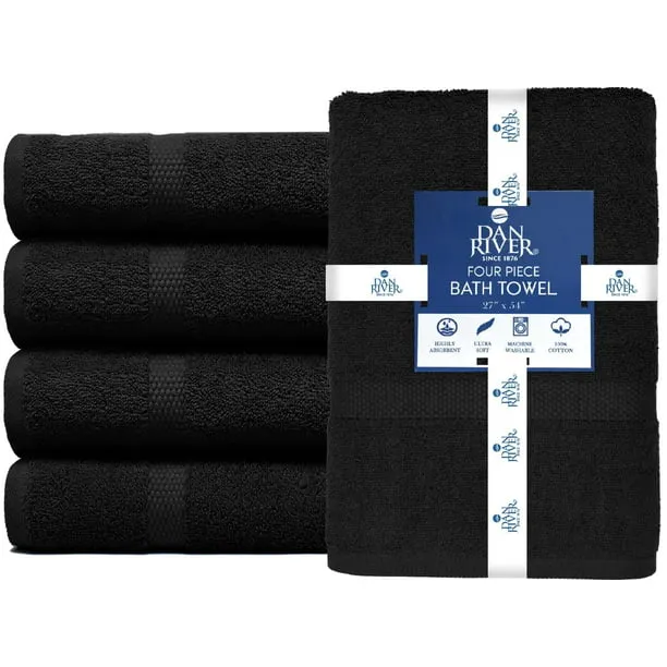 DAN RIVER 100% Cotton Bath Towel Set Pack of 4| Soft Large Bath Towel| Highly Absorbent| Daily Usage Bath Towel| Ideal for Pool Home Gym Spa Hotel| Black Towel Set| Bath Towel Set 27x54 in| 600 GSM