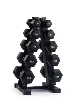 Dumbbell Set with Rack - Hex Shaped Edges With Stand - 5 - 25 LBs – Total 150 LBs.