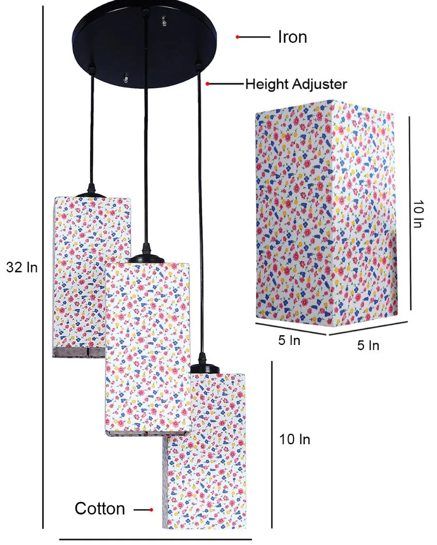 Floral Print Square Cotton Cluster Hanging Lamp