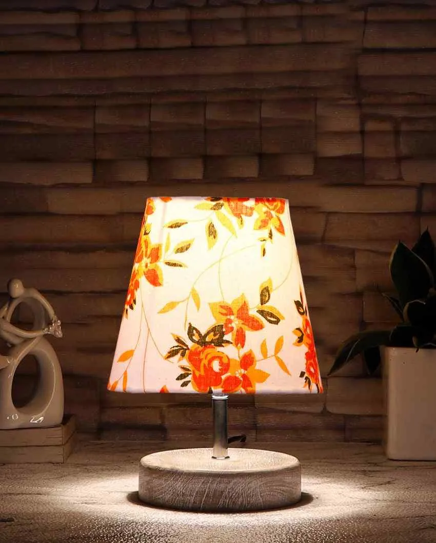 Flowery Cotton Round White Brushed Wood Table Lamp | 6 x 8 inches