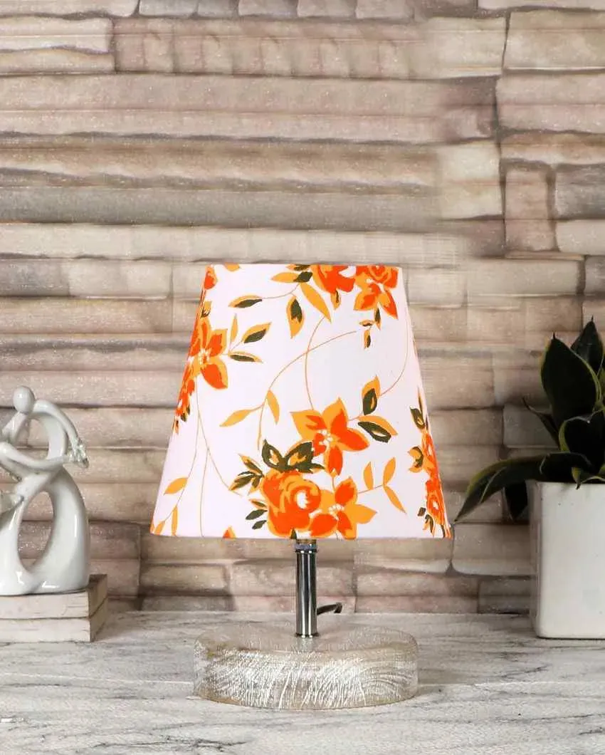 Flowery Cotton Round White Brushed Wood Table Lamp | 6 x 8 inches