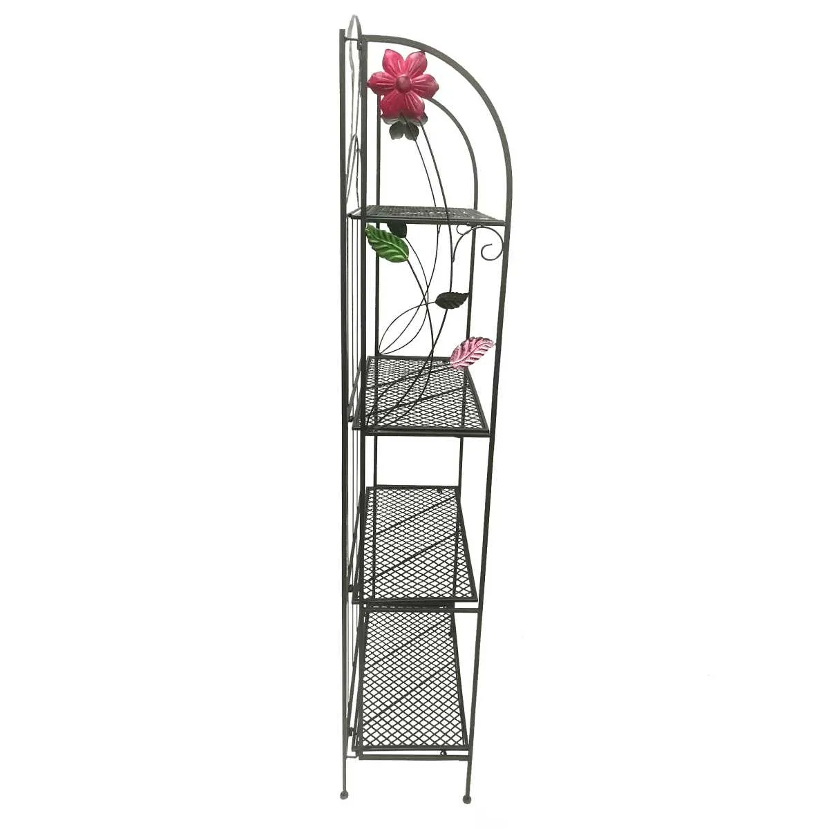 Four Tier Metal Foldable Bakers Rack With Flower Motifs, Black By Benzara