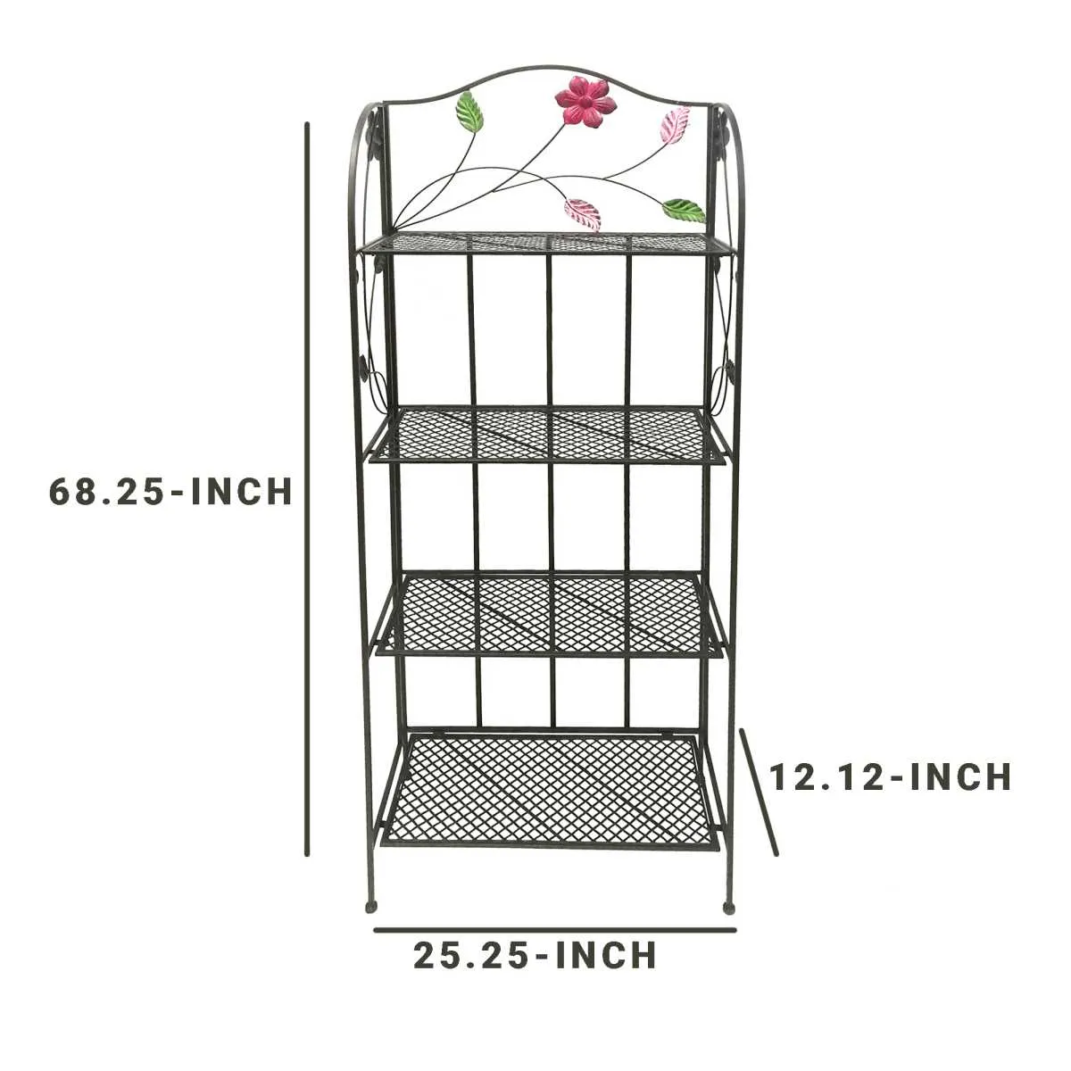 Four Tier Metal Foldable Bakers Rack With Flower Motifs, Black By Benzara