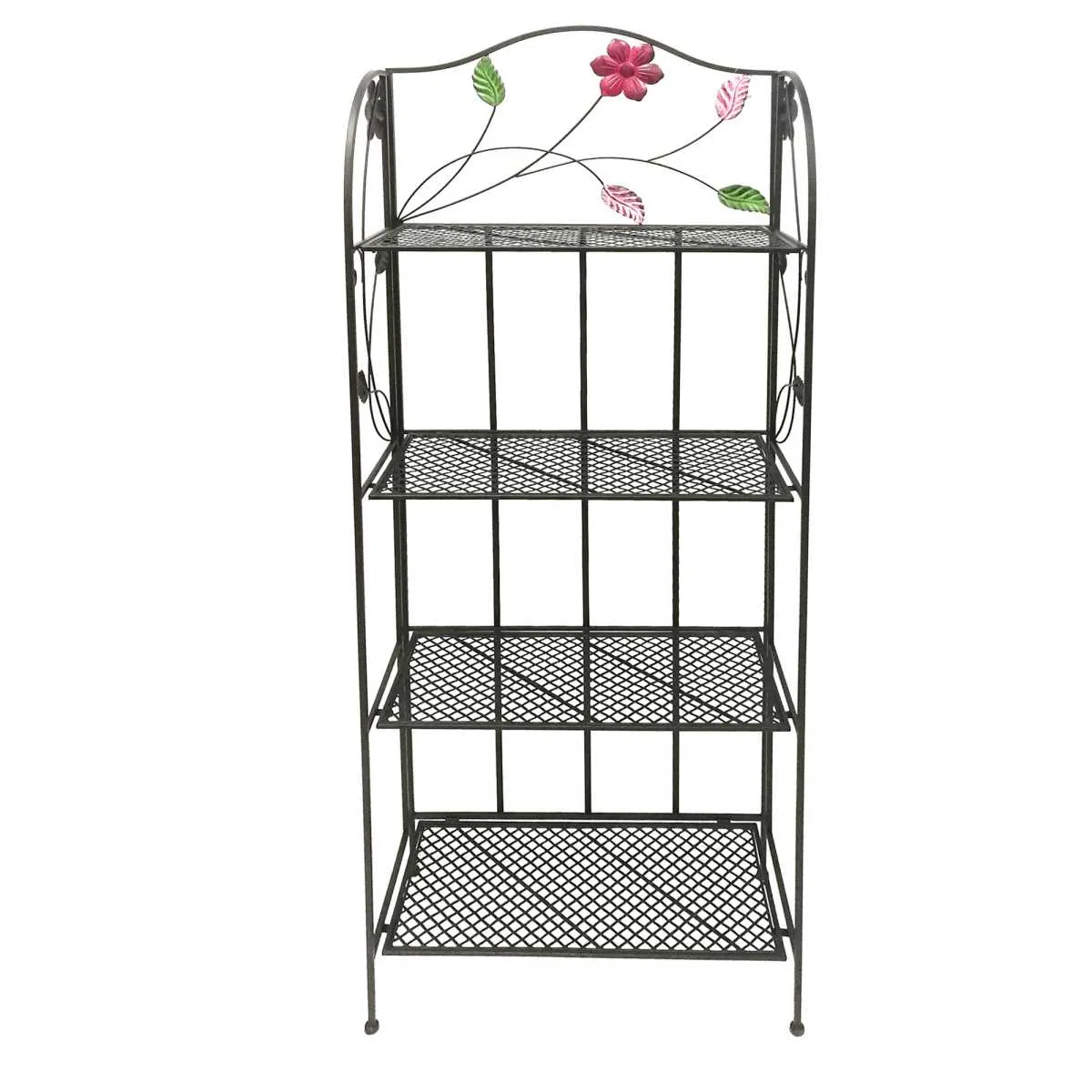 Four Tier Metal Foldable Bakers Rack With Flower Motifs, Black By Benzara