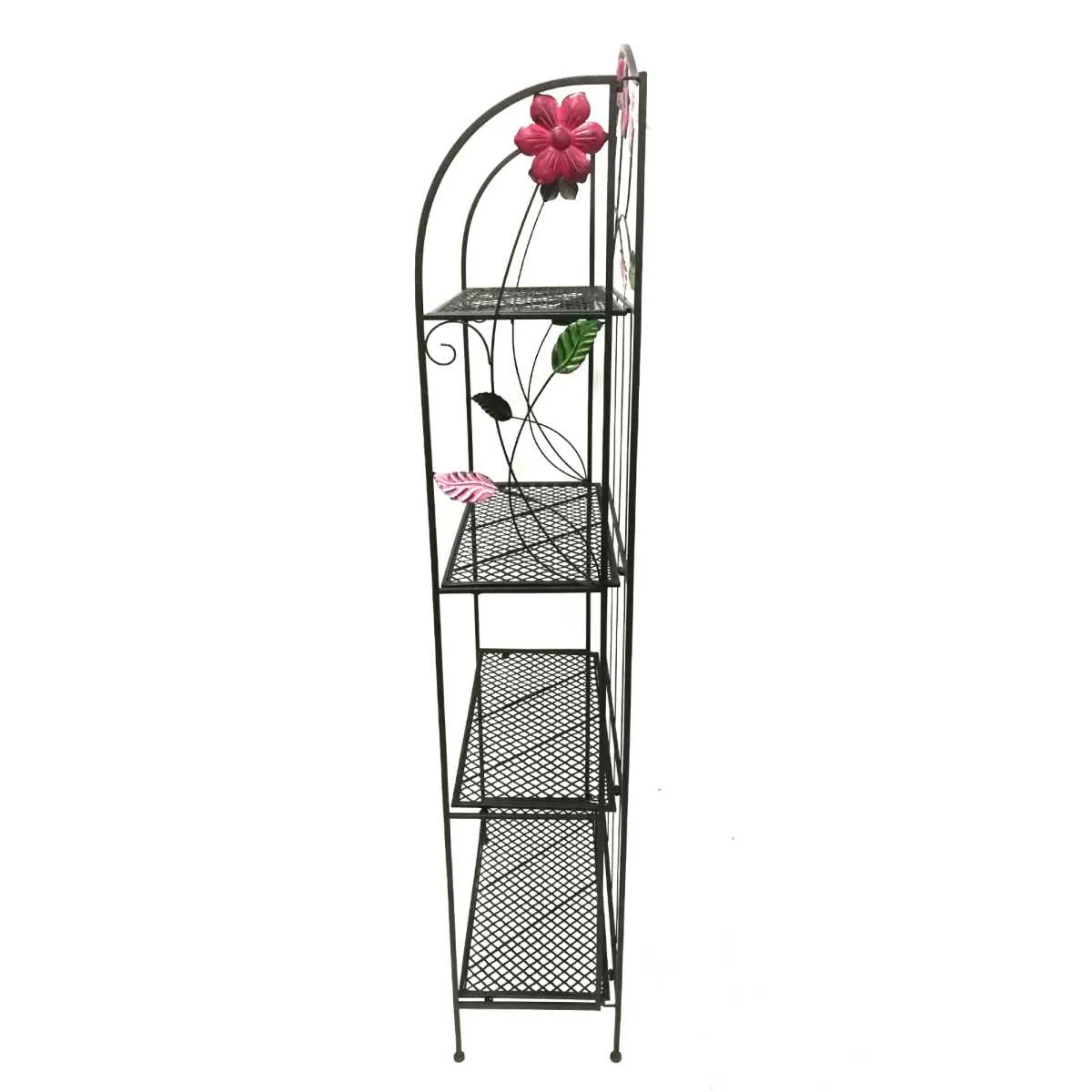 Four Tier Metal Foldable Bakers Rack With Flower Motifs, Black By Benzara