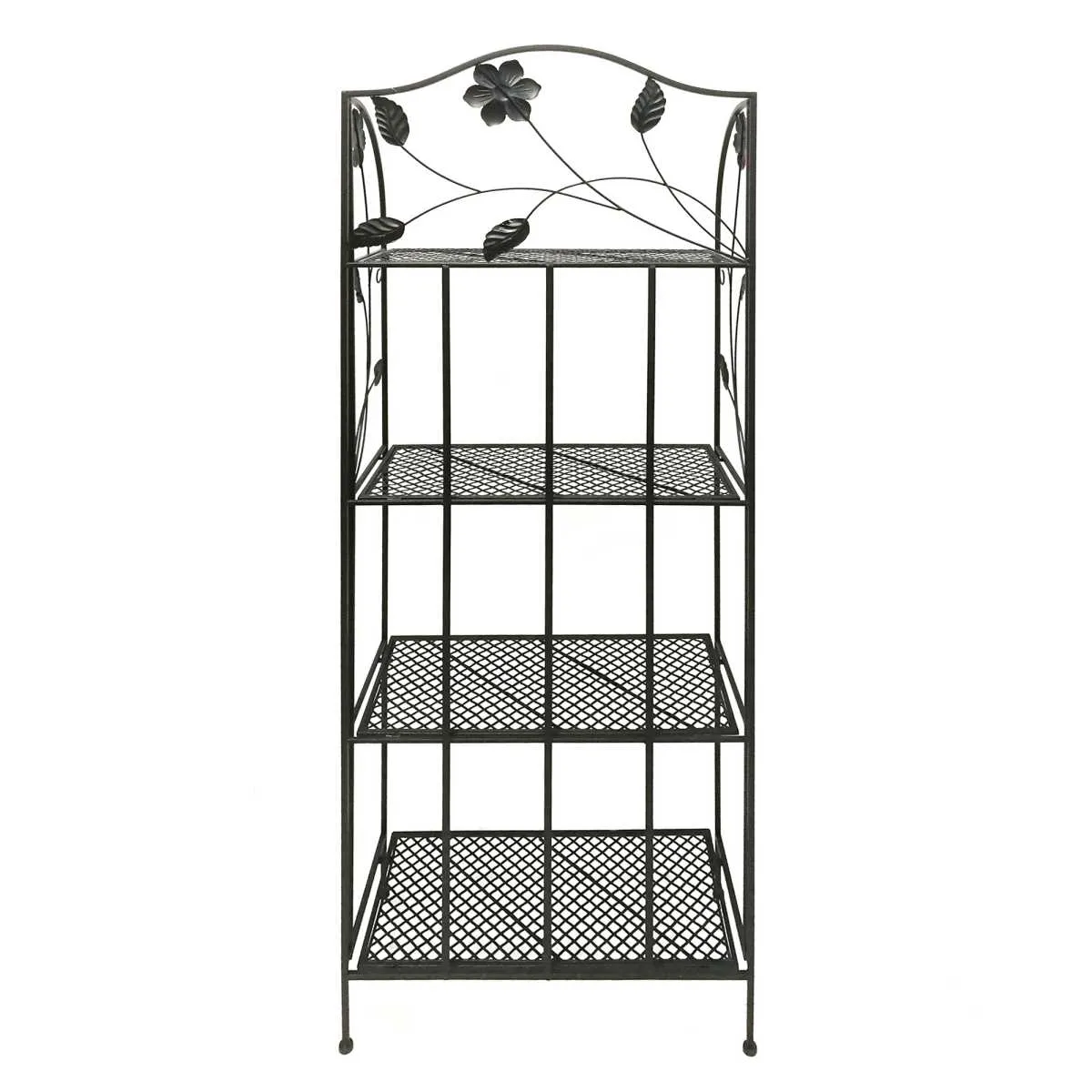 Four Tier Metal Foldable Bakers Rack With Flower Motifs, Black By Benzara