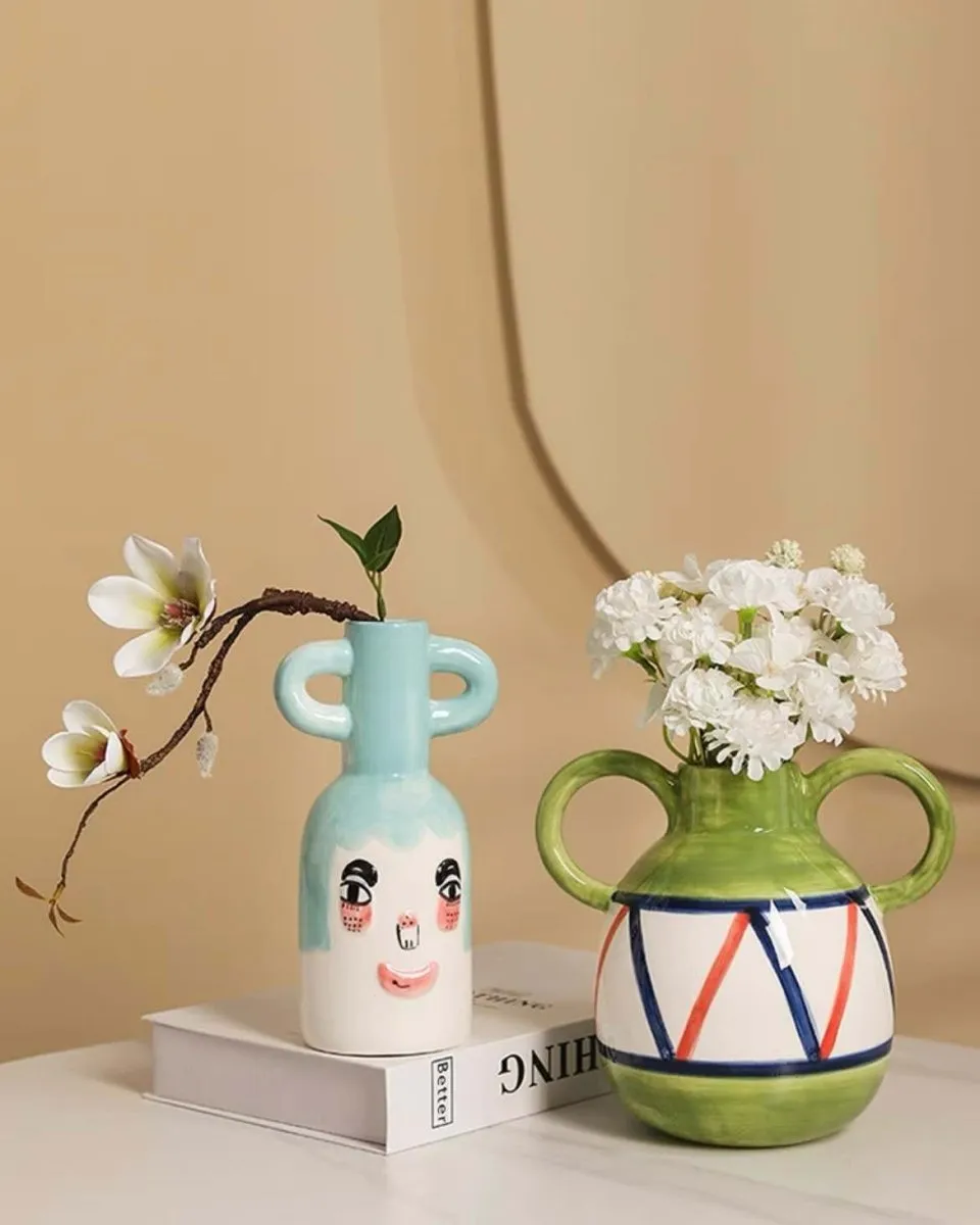 Hand-painted Whimsical Quirky Cute Dual-handle Vases