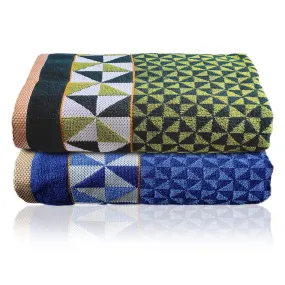 Heart Home Multiuses Tringle Printed Soft Cotton Bath Towel, 30"x60"- Pack of 2 (Green & Blue)