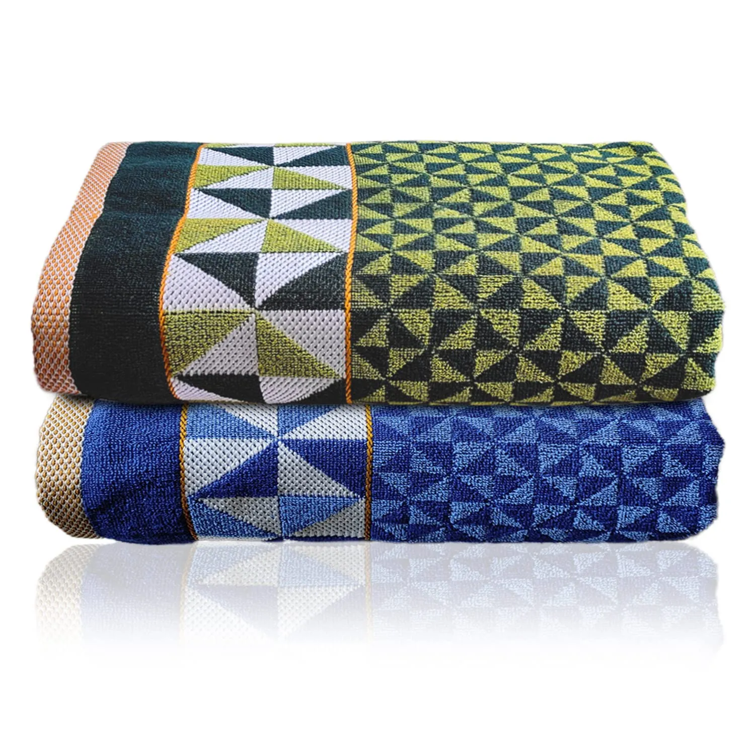 Heart Home Multiuses Tringle Printed Soft Cotton Bath Towel, 30"x60"- Pack of 2 (Green & Blue)