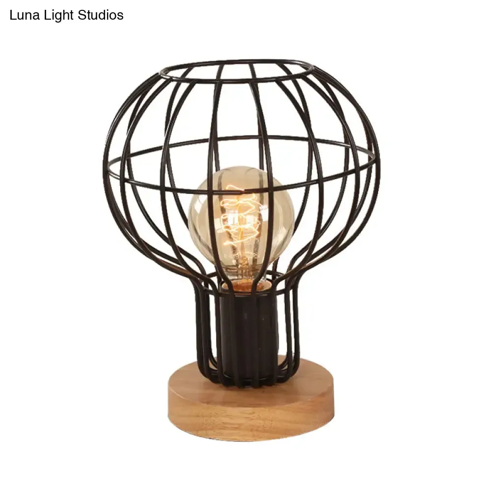 Industrial Stylish Table Lamp with Wire Guard for Bedroom - Metal and Wood Task Lamp in Black
