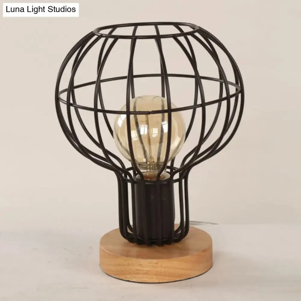 Industrial Stylish Table Lamp with Wire Guard for Bedroom - Metal and Wood Task Lamp in Black