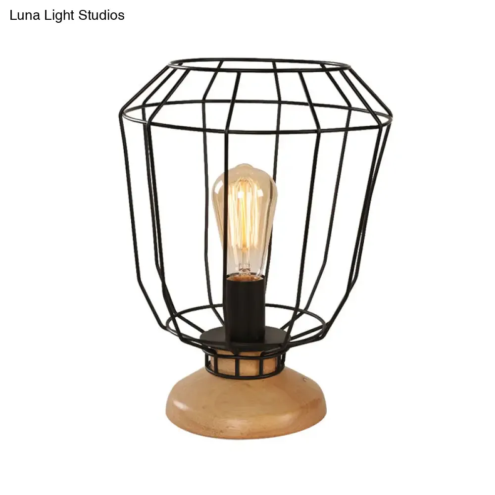 Industrial Stylish Table Lamp with Wire Guard for Bedroom - Metal and Wood Task Lamp in Black