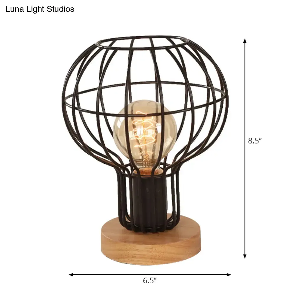 Industrial Stylish Table Lamp with Wire Guard for Bedroom - Metal and Wood Task Lamp in Black