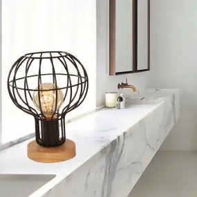 Industrial Stylish Table Lamp with Wire Guard for Bedroom - Metal and Wood Task Lamp in Black
