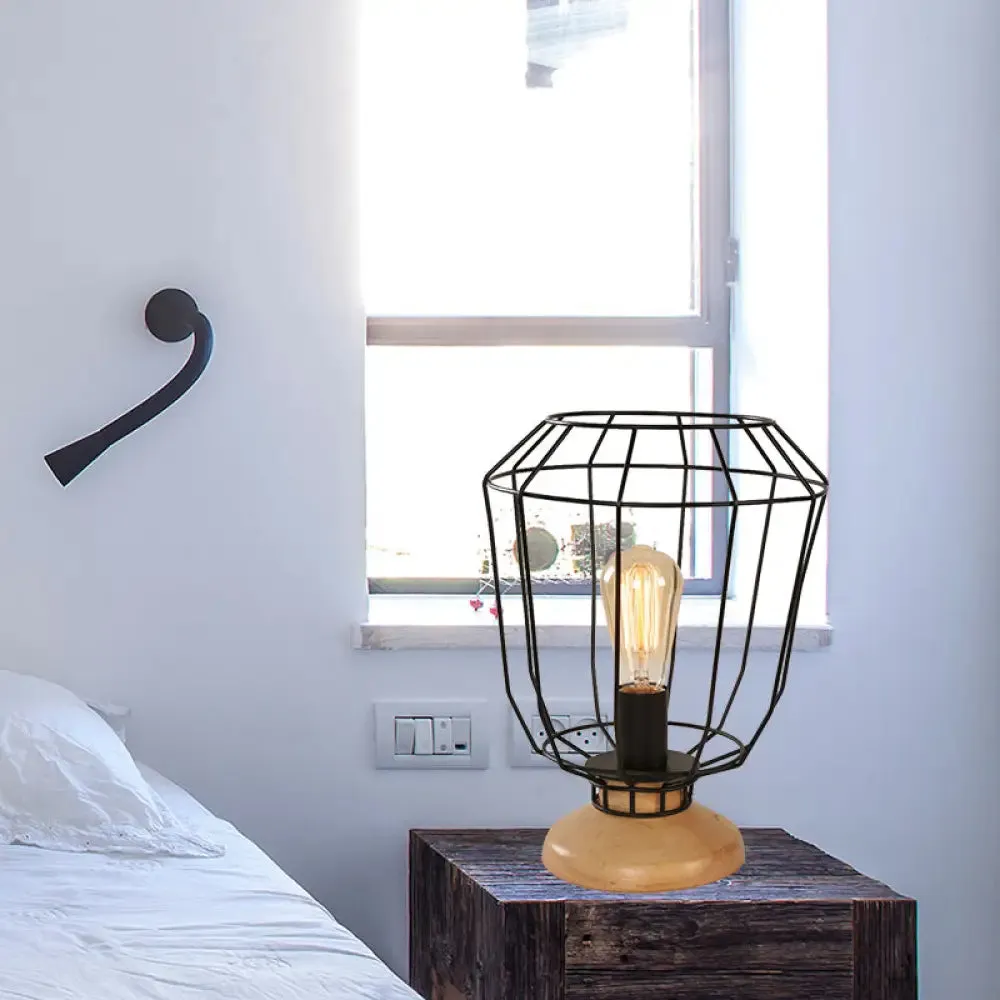 Industrial Stylish Table Lamp with Wire Guard for Bedroom - Metal and Wood Task Lamp in Black