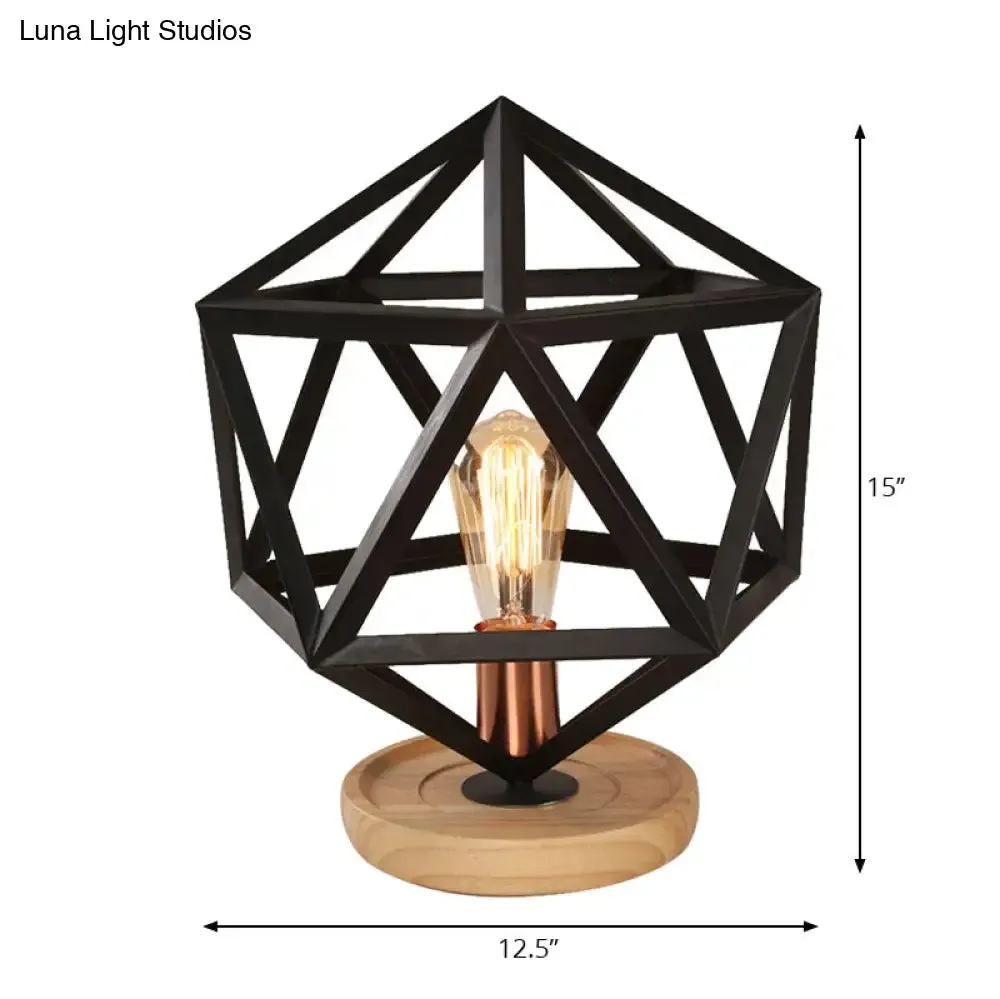 Industrial Stylish Table Lamp with Wire Guard for Bedroom - Metal and Wood Task Lamp in Black