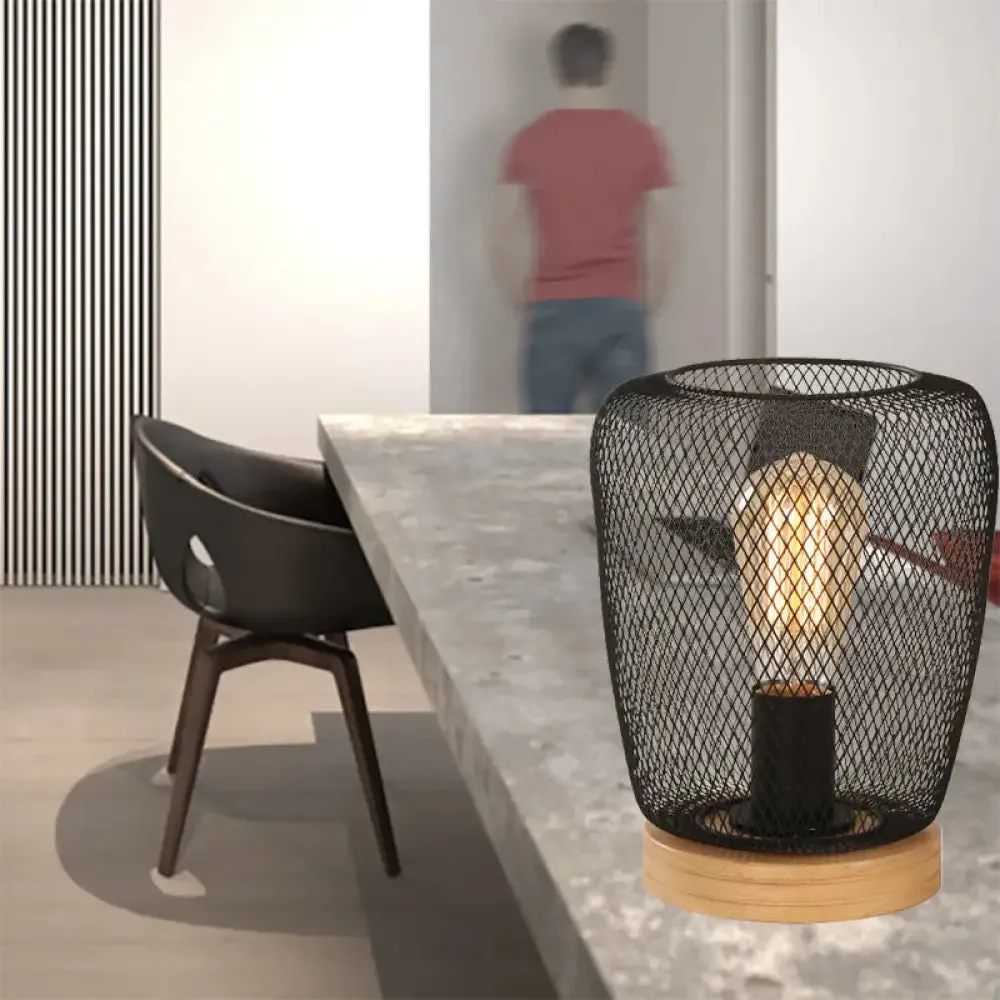 Industrial Stylish Table Lamp with Wire Guard for Bedroom - Metal and Wood Task Lamp in Black