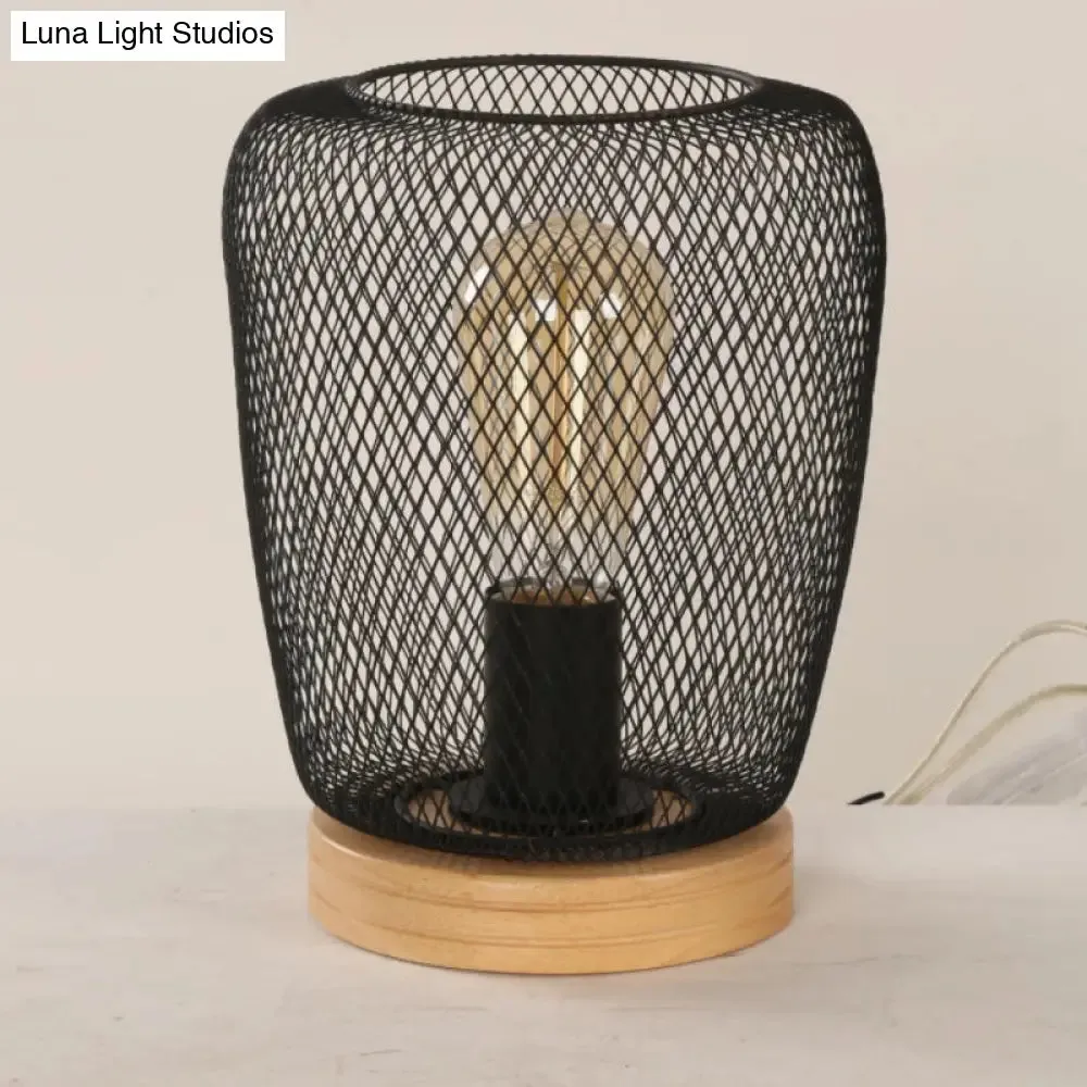 Industrial Stylish Table Lamp with Wire Guard for Bedroom - Metal and Wood Task Lamp in Black